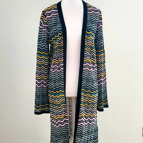 MISSONI Women's Long Duster Open Cardigan Multi-colour Waves Flared Sleeves Boho - Picture 1 of 14